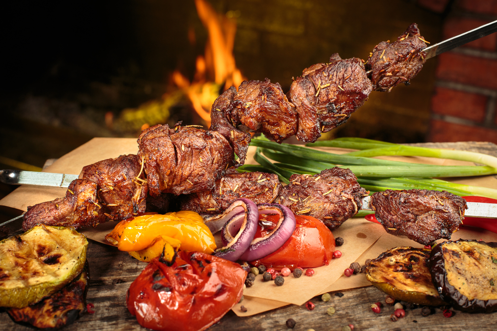 shashlik,or,shish,kebab,prepared,on,barbecue,grill,over,hot